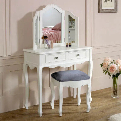 White dressing table stool tabletop mirror set vintage French bedroom furniture