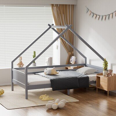 Kids Single House Bed Frame Children Toddler Pine Wood Bed Bedroom Furniture
