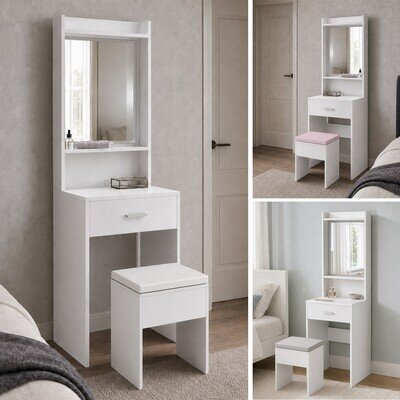 White Makeup Dressing Table with Mirror Drawer & Padded Stool Bedroom Vanity Set