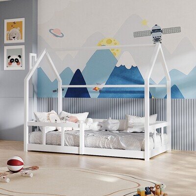 Wooden Bed Frame Treehouse Single Sleeper Bed w/Slatted Guardrail Kids Childrens