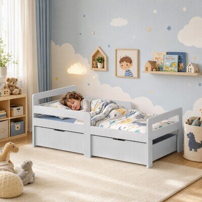 Wooden Kids Bed Frame with 2 Storage Drawers and Guard Rails for Ages 4-14