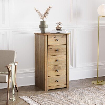 5 Drawer Chest of Drawers Narrow Solid Pine Wood Waxed Storage Bedroom Furniture