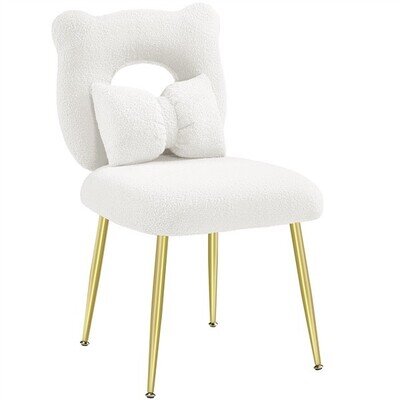 Boucle Dressing Table Chair, Accent Chair with Cute Bow Pillow, White, Armless