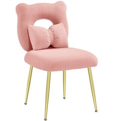 Boucle Dressing Table Chair, Accent Chair with Cute Bow Pillow, Pink, Armless