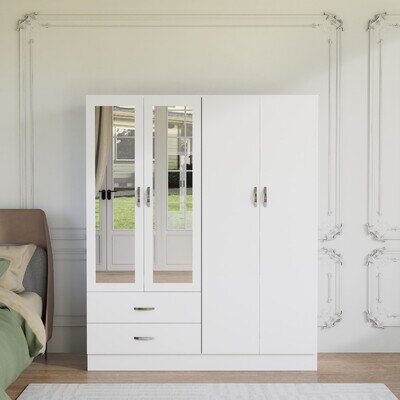 Matt Wooden 4 Door Wardrobe with Drawers and Mirror Bedroom Storage