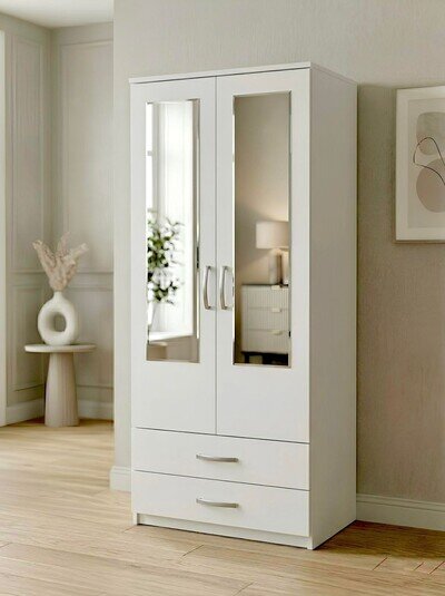 Ready Assembled 2 Door Wardrobe with Mirror Drawers Hanging Rail Bedroom Storage