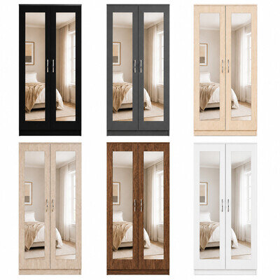 Modern Wooden 2 Door Wardrobe with 2 Mirror Hanging Rail Bedroom Storage Cabinet