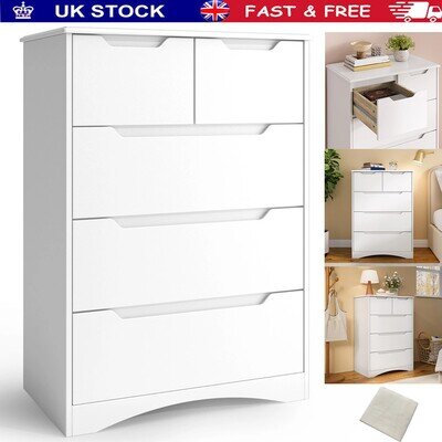 5 Drawer Chest of Drawers White Bedroom Dresser Large Storage Unit Modern Home