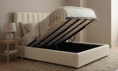 Cream Boucle Ottoman Gas Lift Bed Frame Teddy Fabric Storage Single Double King