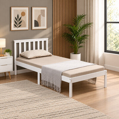 SINGLE BED PINE FRAME 3ft WHITE WOODEN SHAKER STYLE BEDROOM FURNITURE