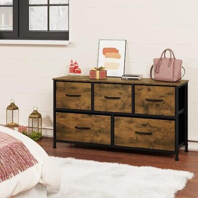 Chest of Drawers Wide 5 Drawer with Metal Leg Bedroom Storage Furniture Cabinet