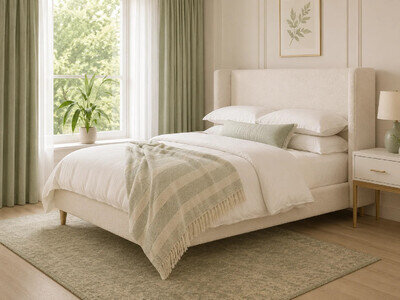 Luxury Boucle Upholstered Bed Frame Wooden Legs Scandi Ottoman Double King UK