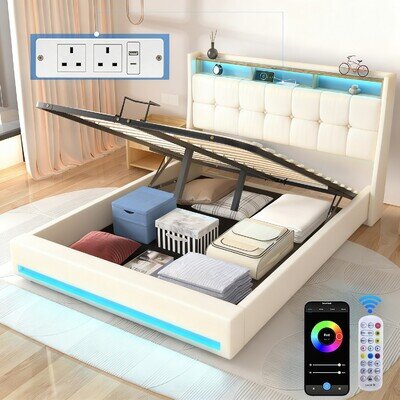 NEW LED OTTOMAN STORAGE PANEL WHITE FABRIC UPHOLSTERED BED FRAME 4FT6 DOUBLE