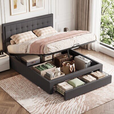 VELVET OTTOMAN STORAGE BED FRAME GAS LIFT UP 4FT6 DOUBLE SIZE WITH DRAWER