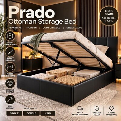 Prado Ottoman Storage Bed Frame Black Gas Lift 3FT Single 4FT6 Double 5FT King