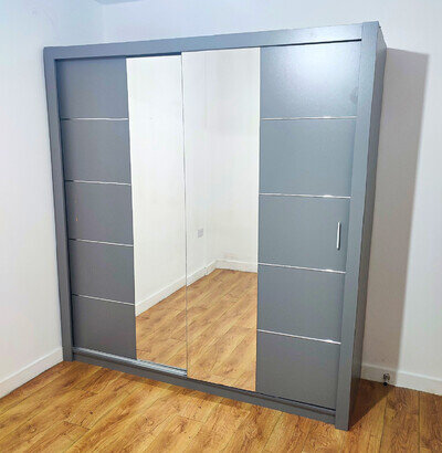 Grey Freestanding Wardrobe 2 Sliding Mirrored Doors 10 Shelves & 4 Hanging Rail