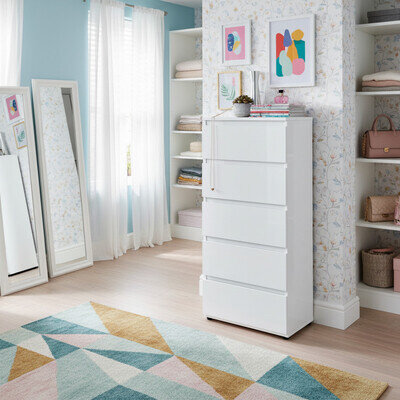 White High Gloss 5 Drawer Chest of Drawers | Modern Slim Bedroom Storage Cabinet