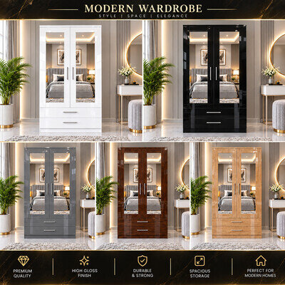 Ready Assembled 2 Door Mirror Wardrobe with Drawers Hanging Rail Bedroom Storage