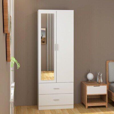 2 Door Mirrored Wardrobe 2 Drawer Hanging Rail Storage Cupboard Unit Bedroom
