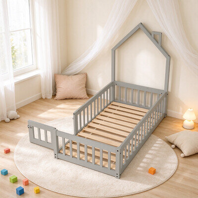 Grey Wooden Single Kids House Bed Frame with Safety Guardrail for Child Bedroom