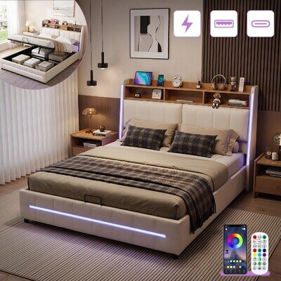 Ottoman Storage Gas Lift Up Double Bed Frame With Charging Station and Led Light