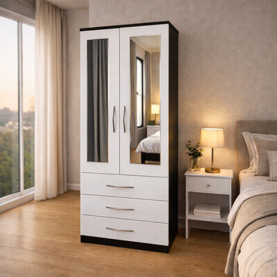 Fully Assembled 2 Door Mirrored Wardrobe with 2 Drawers – Bedroom Storage