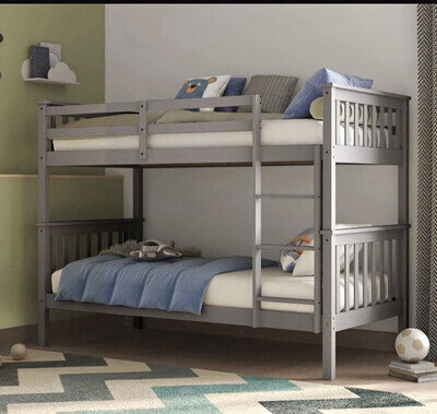 Grey Wooden Single Bunk Bed Frame with Ladder & Guardrails for Children