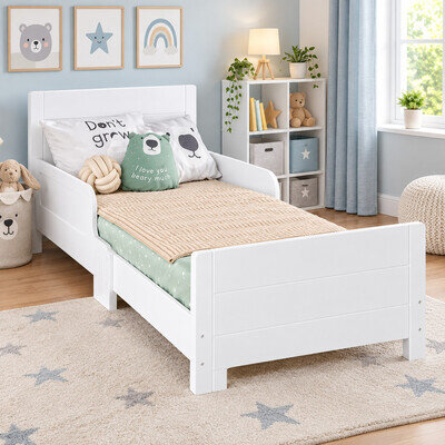 Classic Wooden Toddler Kids Bed with Safety Side Guard Rail for Girls and Boys