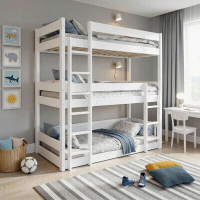 Triple Bunk Beds Kids Children High Sleeper Pine 3FT Single Wooden Bed Frame