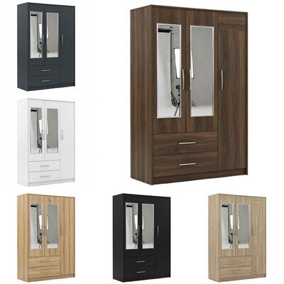 3 Door Mirrored Wardrobe Fully Assembled Drawers Hanging Rails Bedroom Storage
