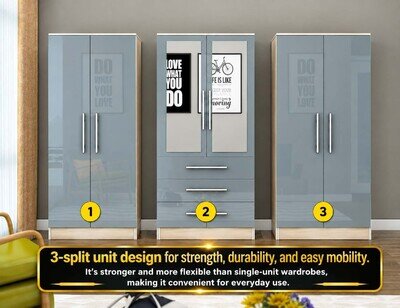 Modern 6 Door Mirrored Wardrobe High Gloss Grey Black White Bedroom Storage