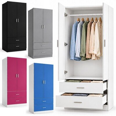 2 Door Freestanding Wardrobe 2 Drawers Bedroom Storage Hanging Rail Clothes